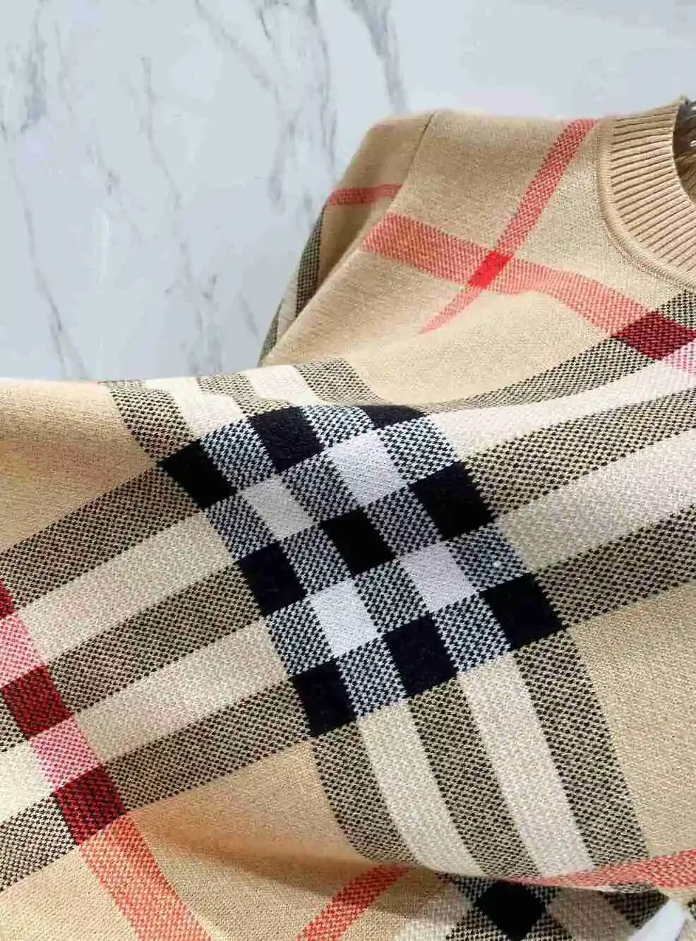 Burberry Beige Vintage Check Crew Neck Knit Sweater